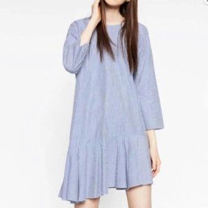 ZARA  Asymmetric Ruffle Hem Striped Dress Blue & White (Size: XS)